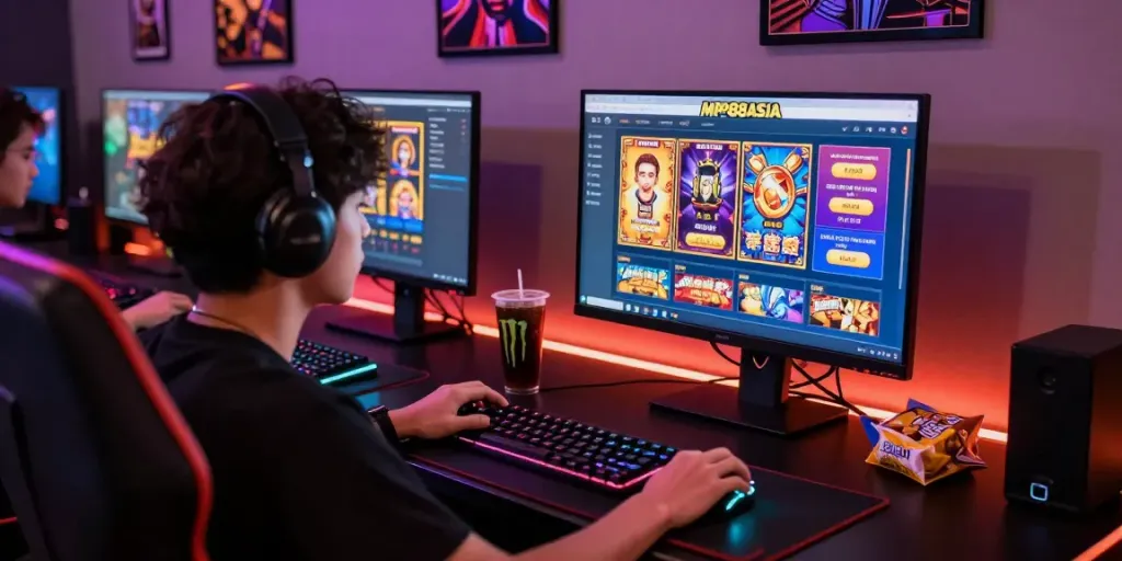MPO88ASIA online gaming experience featuring a player enjoying a vibrant gaming setup filled with promotional slot games.