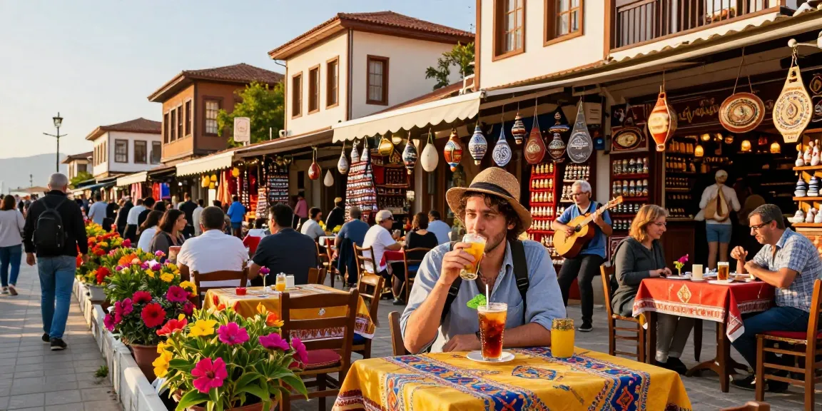 Experience Antalya weather in a lively outdoor café with vibrant colors and Mediterranean ambiance.