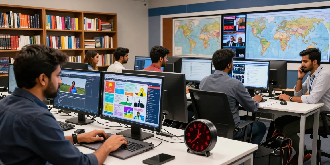 Dynamic newsroom at The In Daily, showcasing journalists collaborating on breaking news stories, reflecting https://www.theindaily.com's commitment to timely updates.