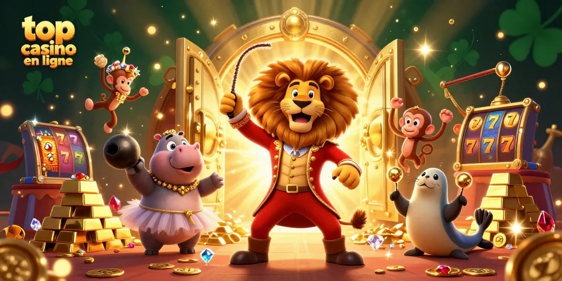 Plongez dans le meilleur casino en ligne avec des personnages de cirque éblouissants et des éléments de jeu scintillants.