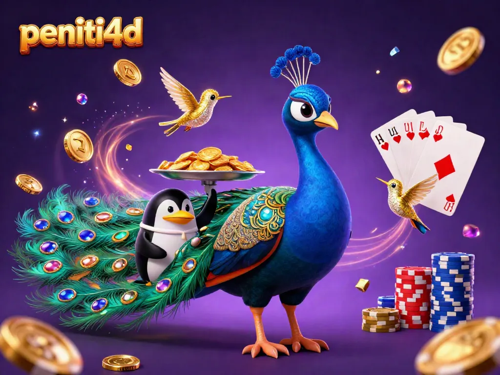 Pemain menikmati slot online PENITI4D dengan efek koin emas dan permata berkilau.