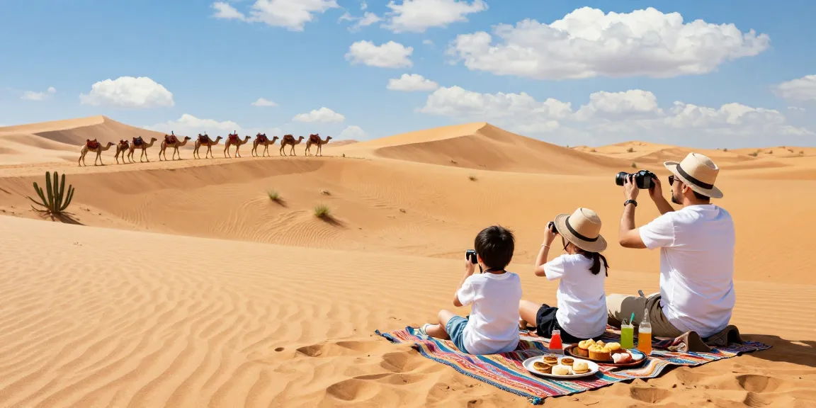 A family enjoying a slot desert safari adventure with sand dunes and camels in the background