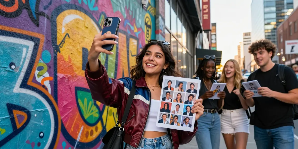 Young woman using an app to see which celebrities she looks like against a colorful urban backdrop.