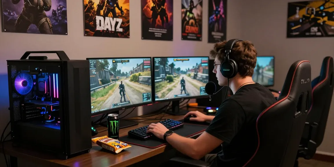 Player using DayZ Cheats during an intense gaming session with multiple monitors and gaming setup.