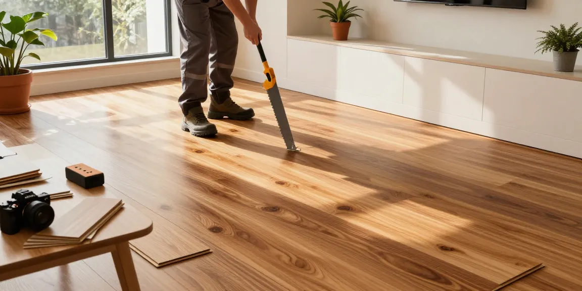 Professional flooring software installation in a modern home, showcasing vibrant hardwood planks and skilled craftsmanship.