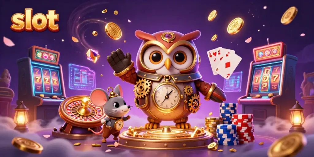 Memainkan slot dengan grafis mencolok di kasino modern yang dipenuhi koin emas dan jackpot.