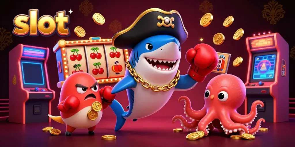 Permainan slot dengan hiu bajak laut 3D dan ikan puff merah yang beraksi di mesin slot.