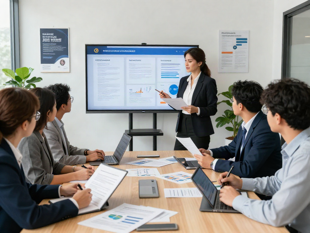 Team discussing a document fraud detection solution with data presentations and analytics in a corporate meeting room.