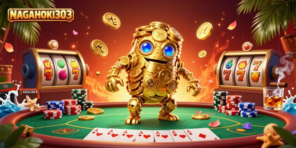Bermain di kasino NAGAHOKI303 dengan golem emas dan mesin slot yang ceria.