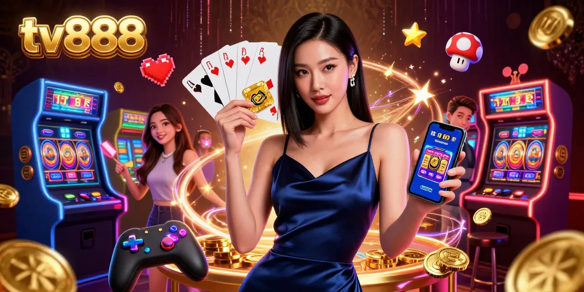 Experience thrilling gameplay at tv888, featuring a stunning casino scene with a confident player and vibrant slot machines.