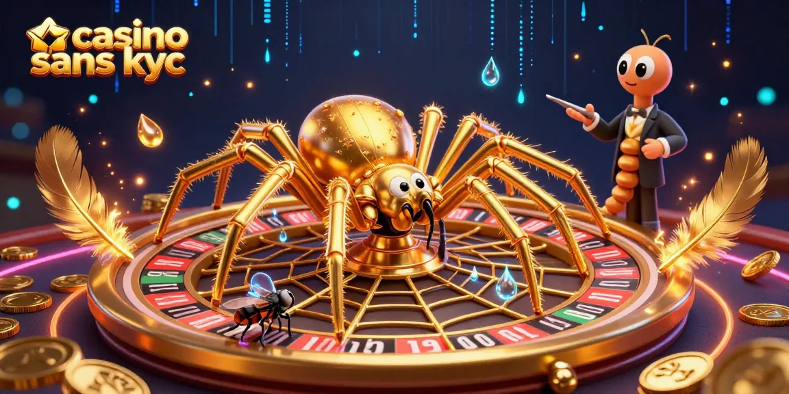 Gagnez aux jeux de casino sans KYC avec une illustration d'une araignée et un croupier.