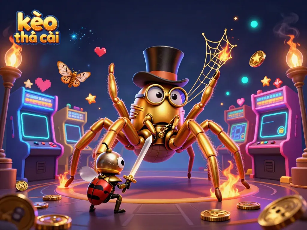 Engage in strategy with kèo nhà cái, featuring a golden tarantula and beetle knight in a vibrant 3D casino scene.