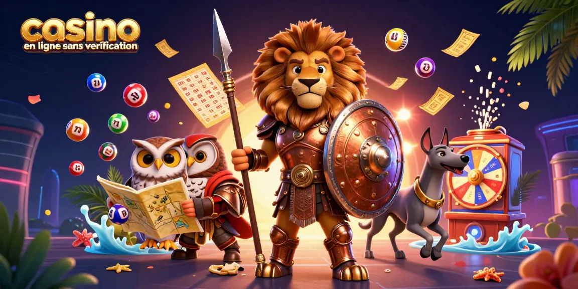 Illustration dynamique captivante de casino en ligne sans vérification avec un lion spartiate et des éléments de jeu