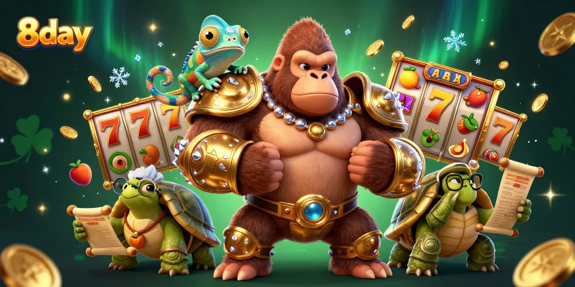 Experience thrilling gameplay and jackpots at 8day casino with a colorful montage of symbols and characters.