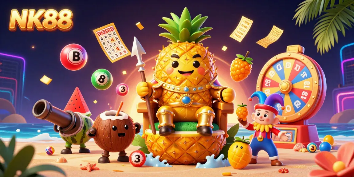 Experience dynamic lottery action at NK88 with a colorful casino scene featuring a golden pineapple king.