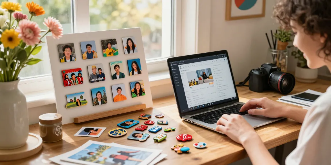 Custom photo magnets being designed at a creative workspace with colorful samples and personal touches.