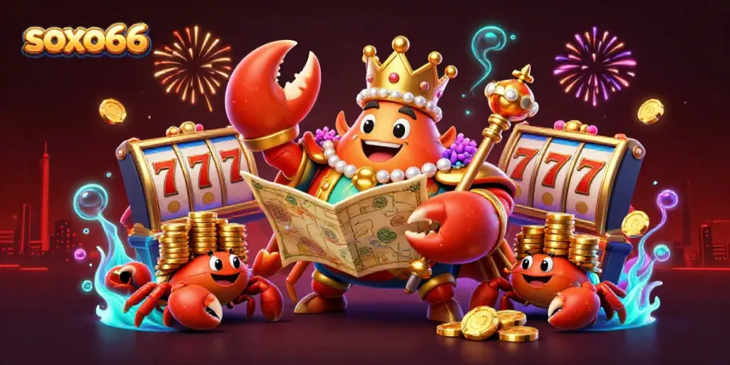 Experience the excitement of soxo66 casino with a vibrant illustration featuring a golden crab emperor in a dynamic gaming scene.