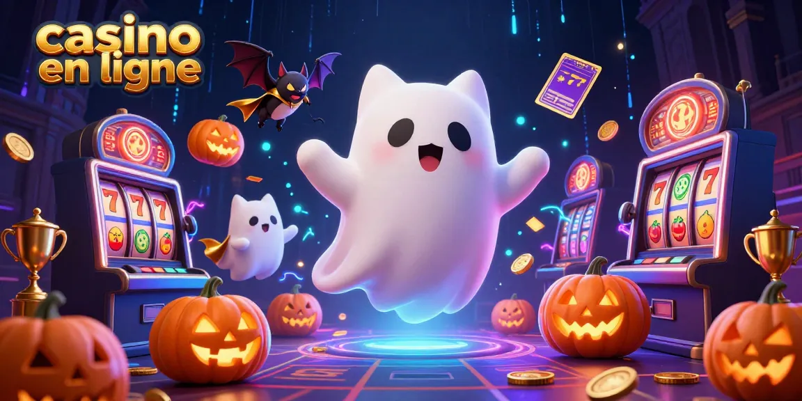 Jouez au casino en ligne avec un chat fantôme, des machines à sous et des éléments de jeu scintillants.