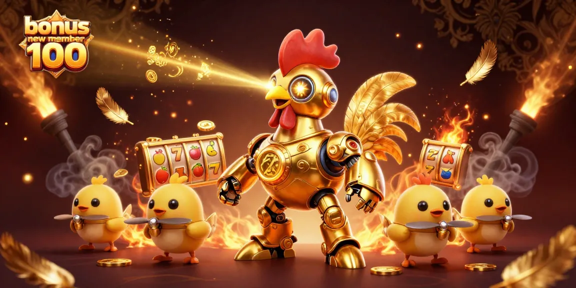 Experience the excitement of bonus new member 100 at the casino with a dynamic 3D scene featuring a golden rooster robot and baby chick drones.