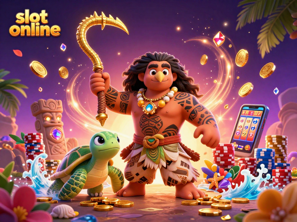 Engage with captivating slot online gameplay featuring a demigod hawk and moana-style turtle.