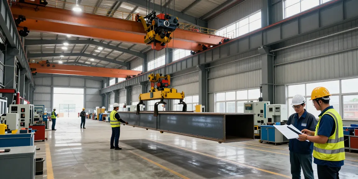 Bridge crane manufacturer efficiently lifting steel beam in an industrial facility, highlighting engineering and teamwork.