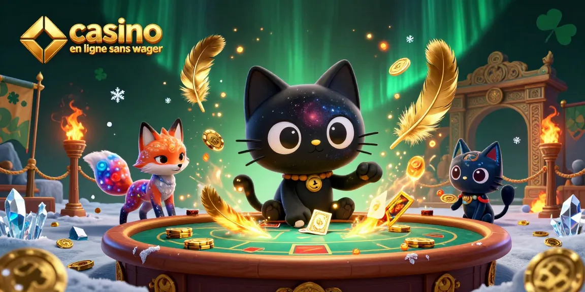 Illustration dynamique représentant un casino en ligne sans wager, mettant en scène un chat noir gravitationnel attirant des jetons et cartes