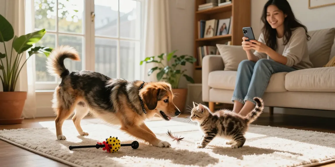 Rokok88 engages pet lovers with a joyful dog and kitten playing in a cozy living room.