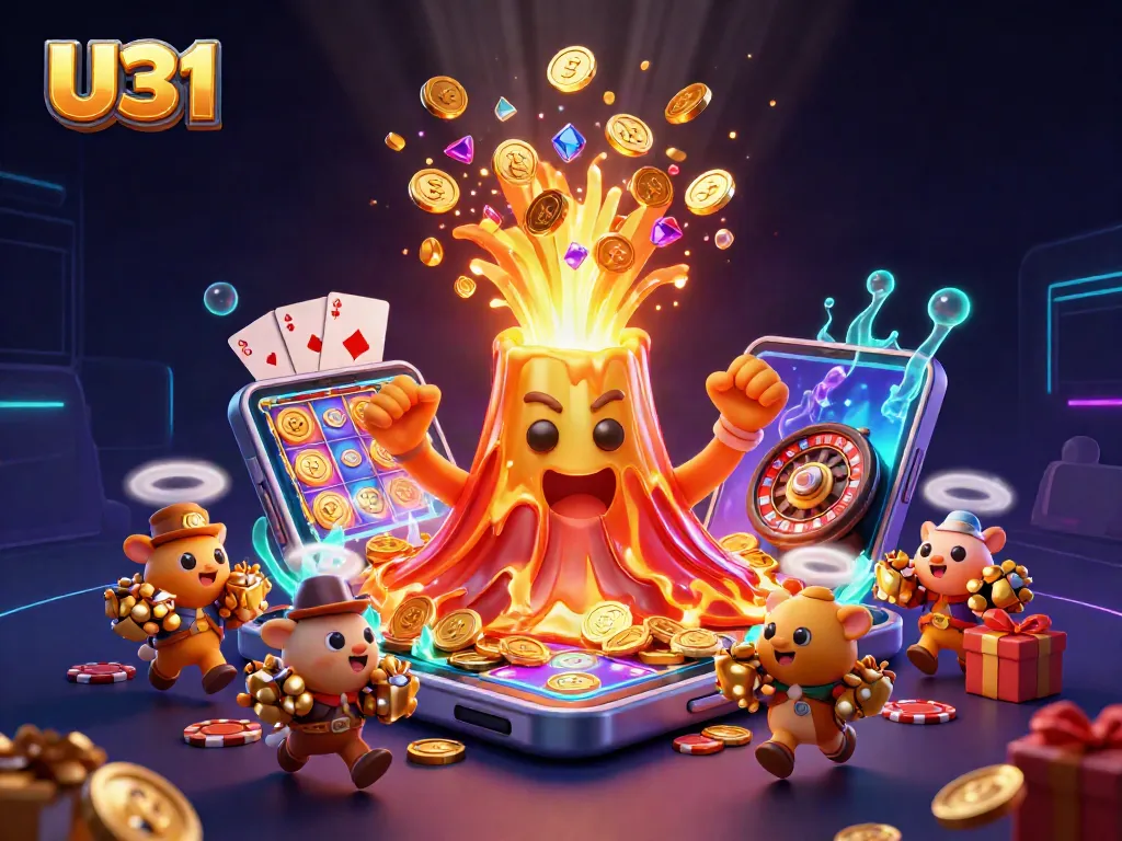 Experience thrilling winnings with U31's vibrant casino-themed illustration showcasing treasures and gaming fun.