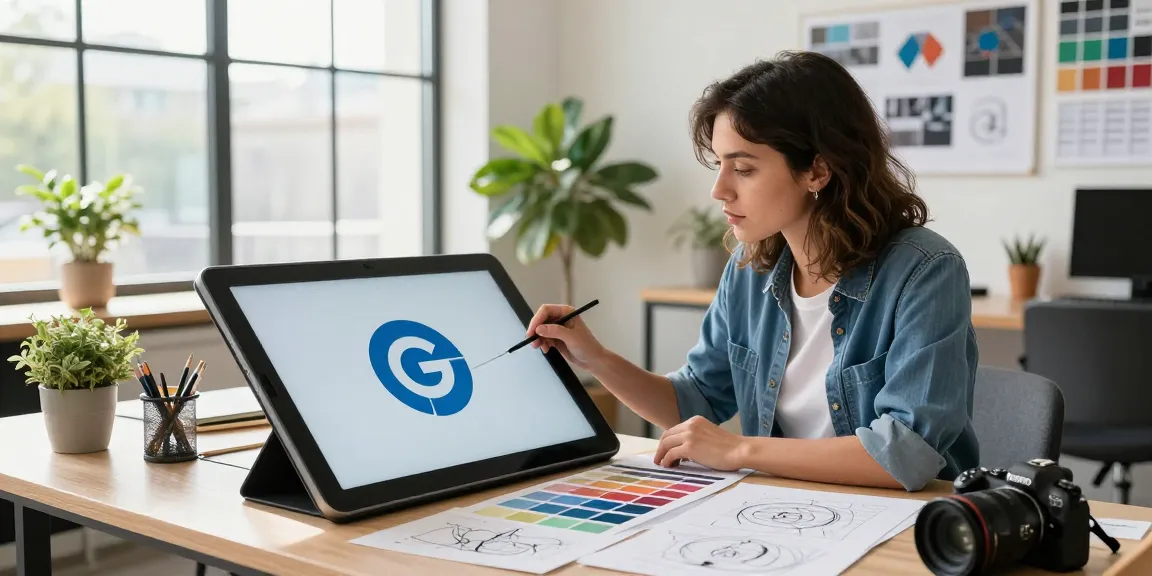 Grafik freelancer, ekspert od logo, w nowoczesnym biurze podczas tworzenia unikalnego projektu logo.