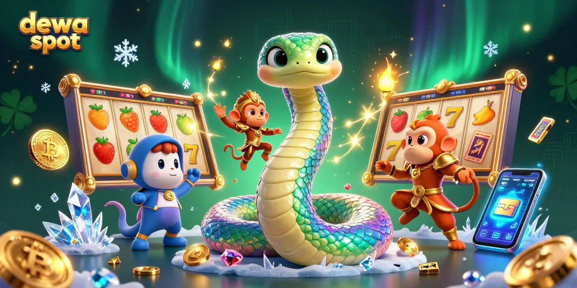 Play exciting dewa slot games with a vibrant rainbow serpent and golden monkey king in a mystical casino scene.
