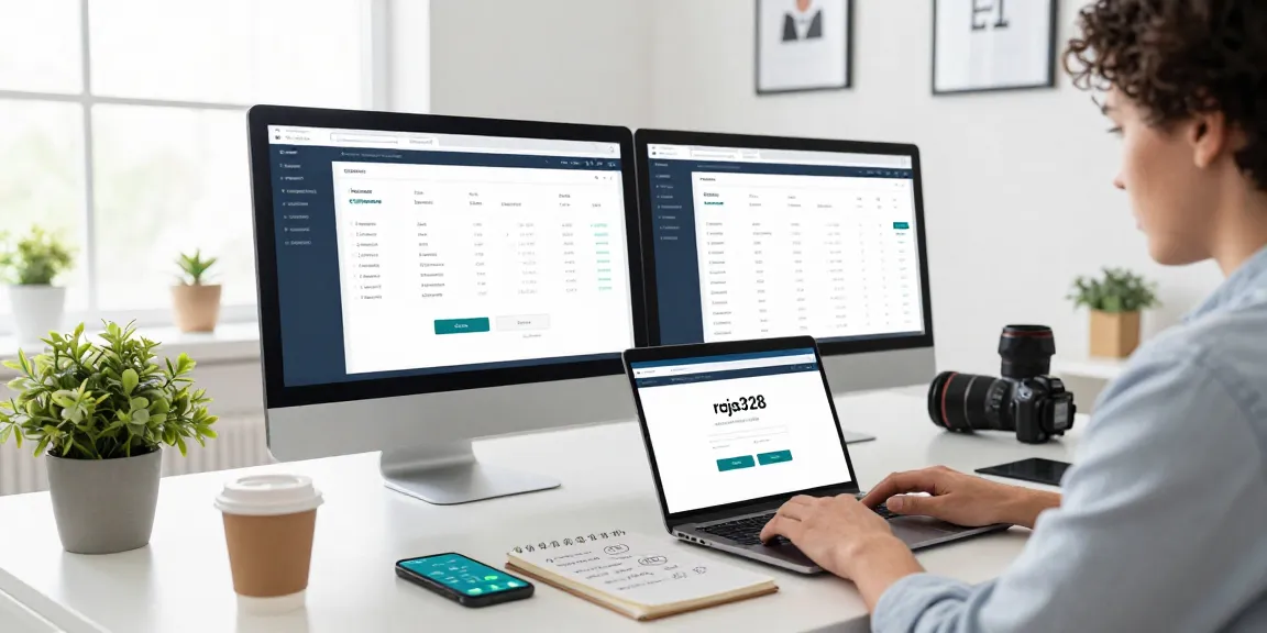 User engaging with raja328 login on a laptop in a modern banking workspace.