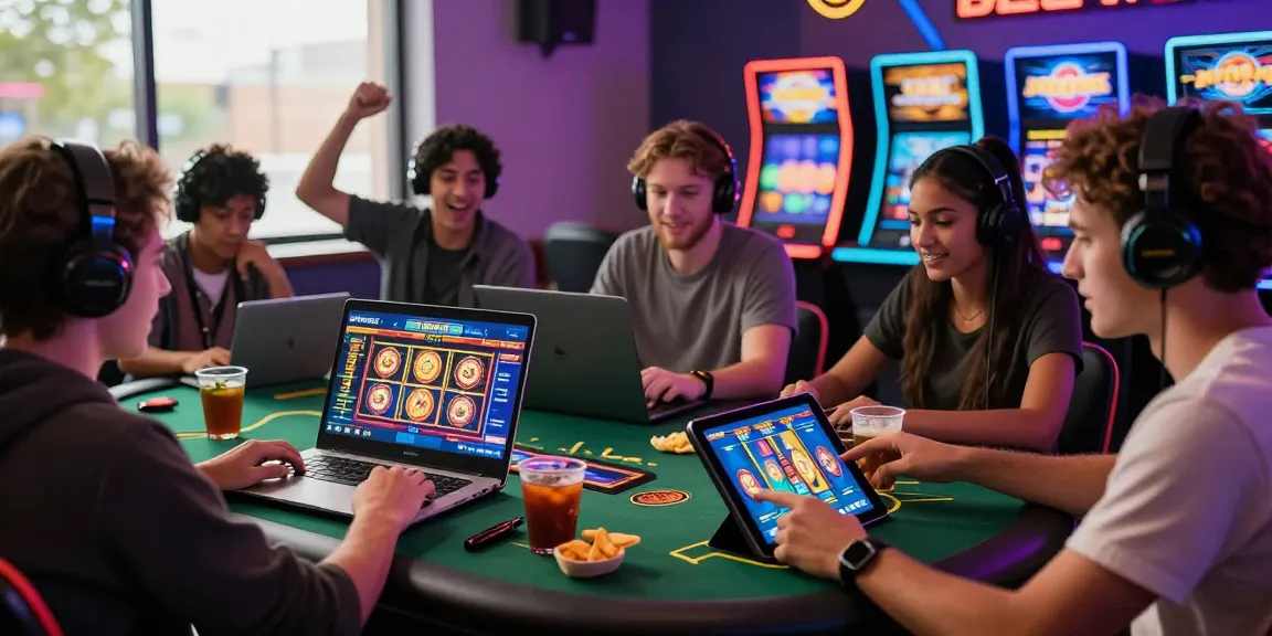Online gaming session with players enjoying situs888 slots and poker in a vibrant atmosphere.