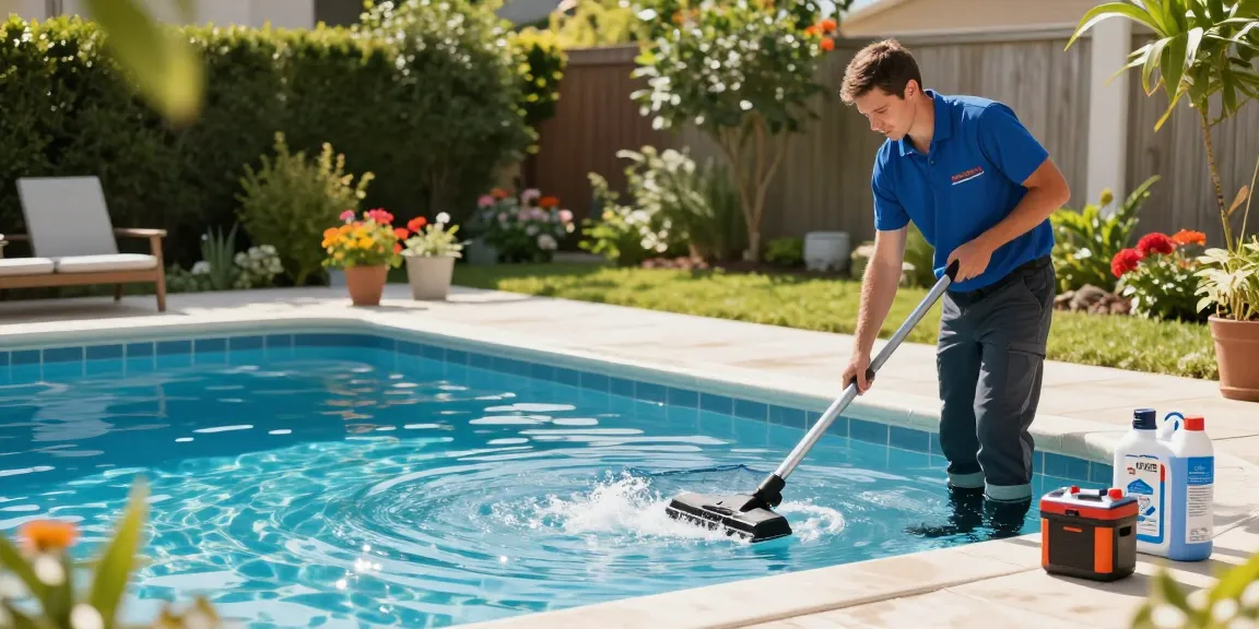 Professional pool technician performing servis bazena in a sunny backyard.