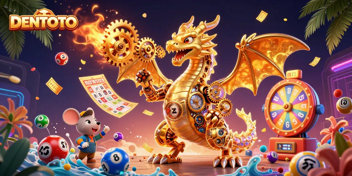 DENTOTO showcases an exhilarating scene with a golden dragon and dynamic lottery action.