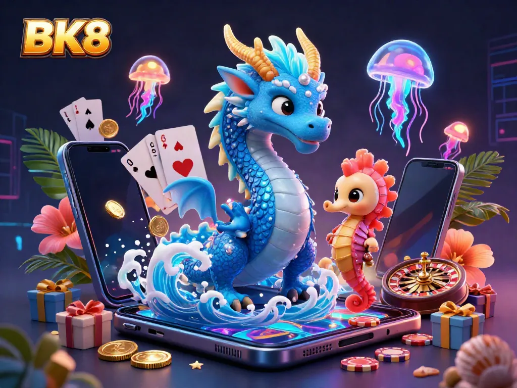 Experience BK8's enchanting world with a mighty water dragon, seahorse knight, and vibrant casino elements.
