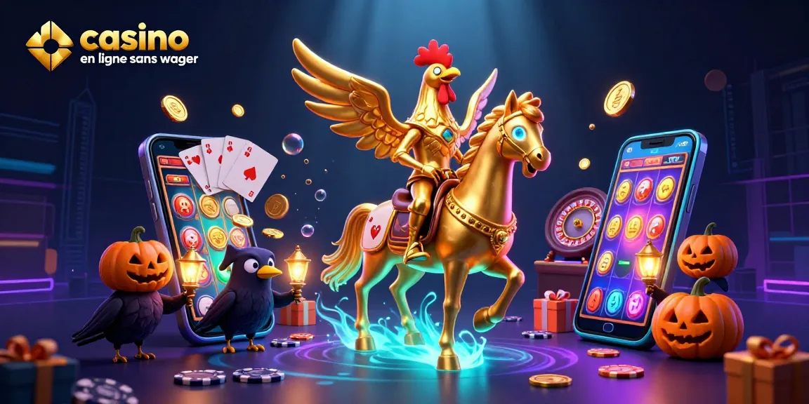 Illustration dynamique d'un casino en ligne sans wager avec des personnages cartoon heureux, des jeux de casino et des effets lumineux.