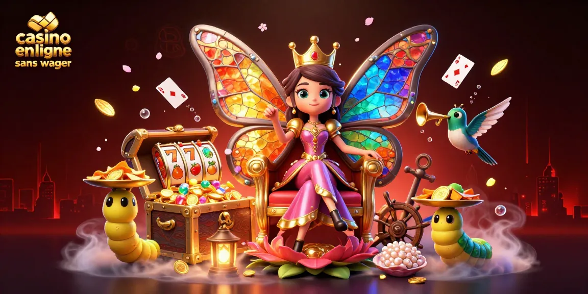 Célébrez des gains dans un casino en ligne sans wager avec une reine papillon et ses serviteurs portant des jetons d'or.