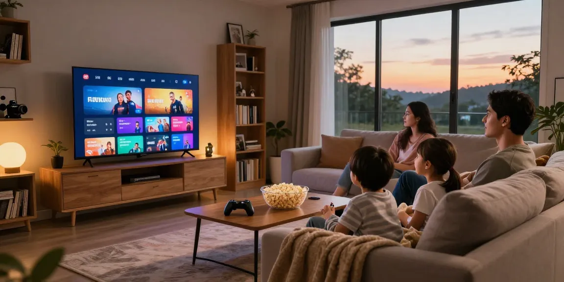Famille profitant de leur abonnement iptv dans un salon chaleureux.