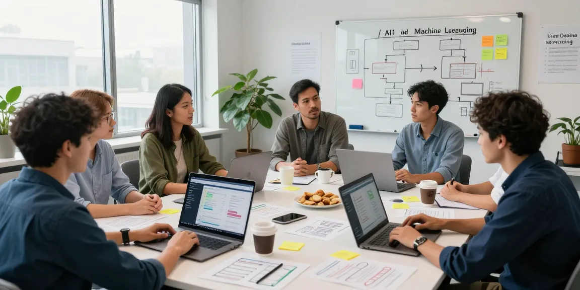 Team discussing What is the difference between AI and machine learning around a modern office table.