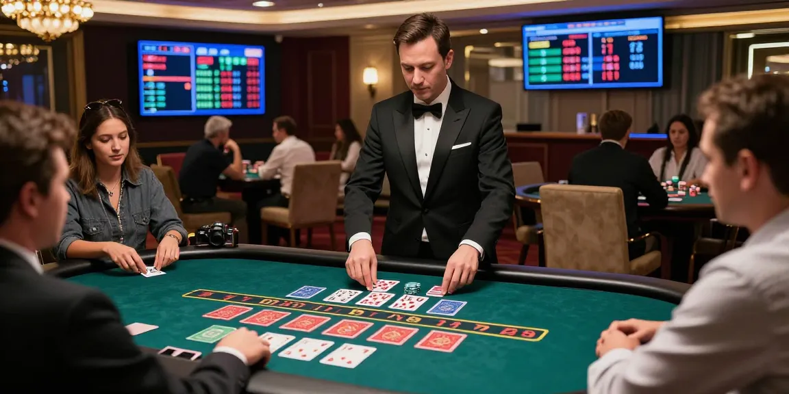 Baccarat Online is played at a luxurious live casino with engaging dealers and vibrant card tables.