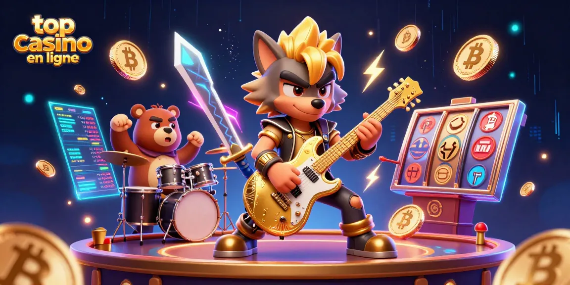 Immergez-vous dans un meilleur casino en ligne avec un loup rock star jouant, entouré de pièces de crypto-monnaies.