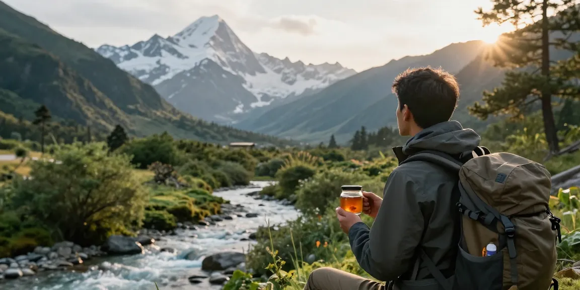 Hiker in the Himalayas with shilajit Australia jar, promoting wellness and nature.