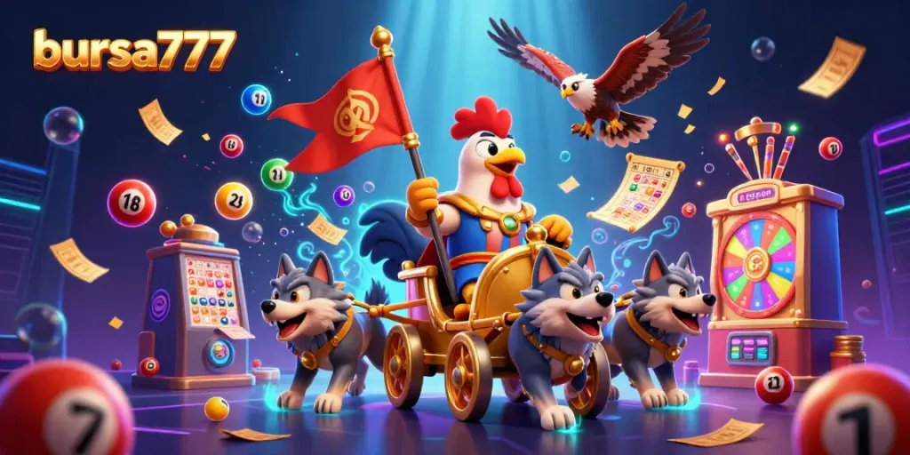 Slot menarik di bursa777, dengan papan bingo, bola undian berwarna, dan efek hujan uang.