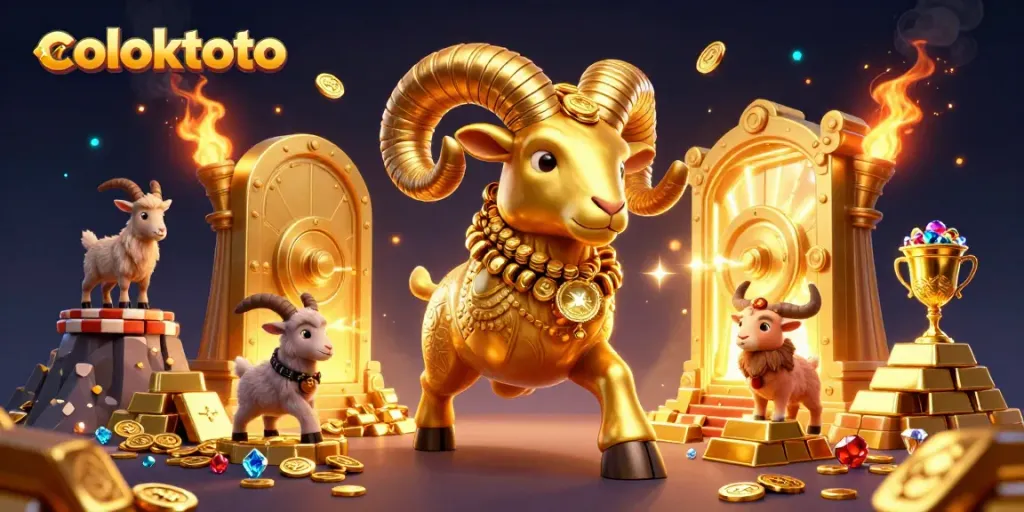 Coloktoto menampilkan ilustrasi 3D berwarna-warni dengan domba emas berlari menuju gerbang keberuntungan.