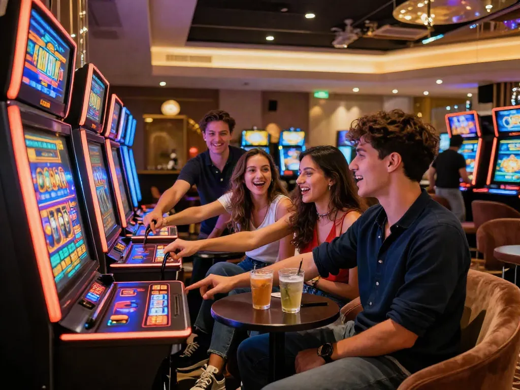 Engaging friends enjoying rokok88 slot login experience at a lively casino.