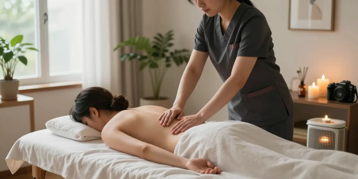 동대문출장안마 service being provided in a serene home massage setting with calming decor.