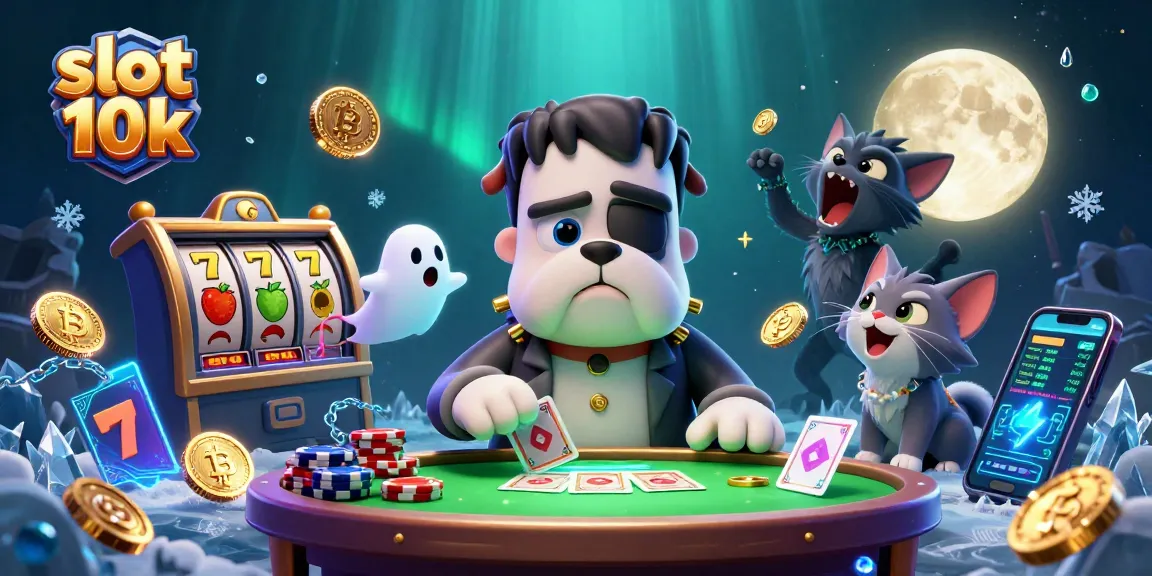Experience the thrill with slot 10k as characters delight at a casino table surrounded by vibrant slots.
