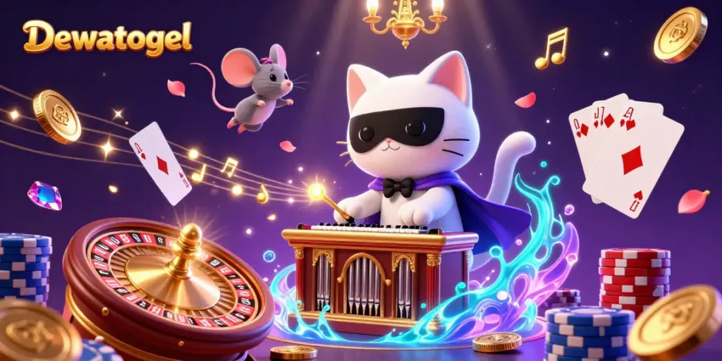 Dewatogel showcases immersive online betting with a vibrant casino illustration featuring a cartoon cat and casino elements.