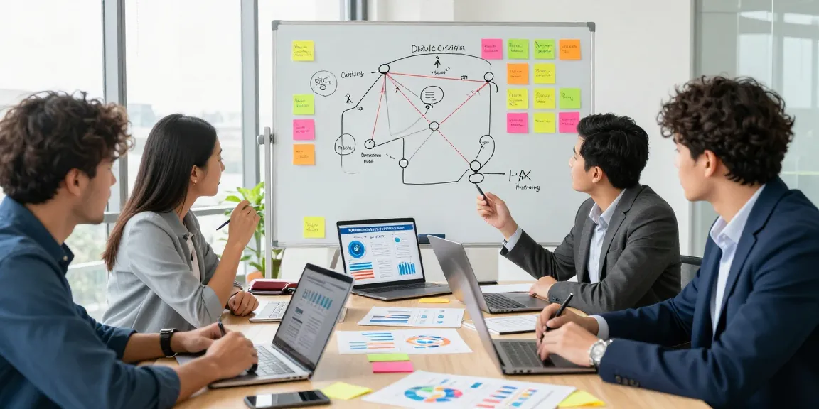 Team strategizing digital marketing plans and insights with kecak4d elements in a vibrant office setting.