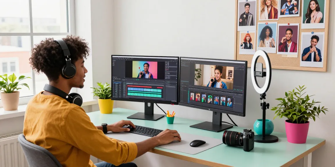 Creator in stylish workspace creating TikTok video content, buy 500 tiktok views for more visibility.